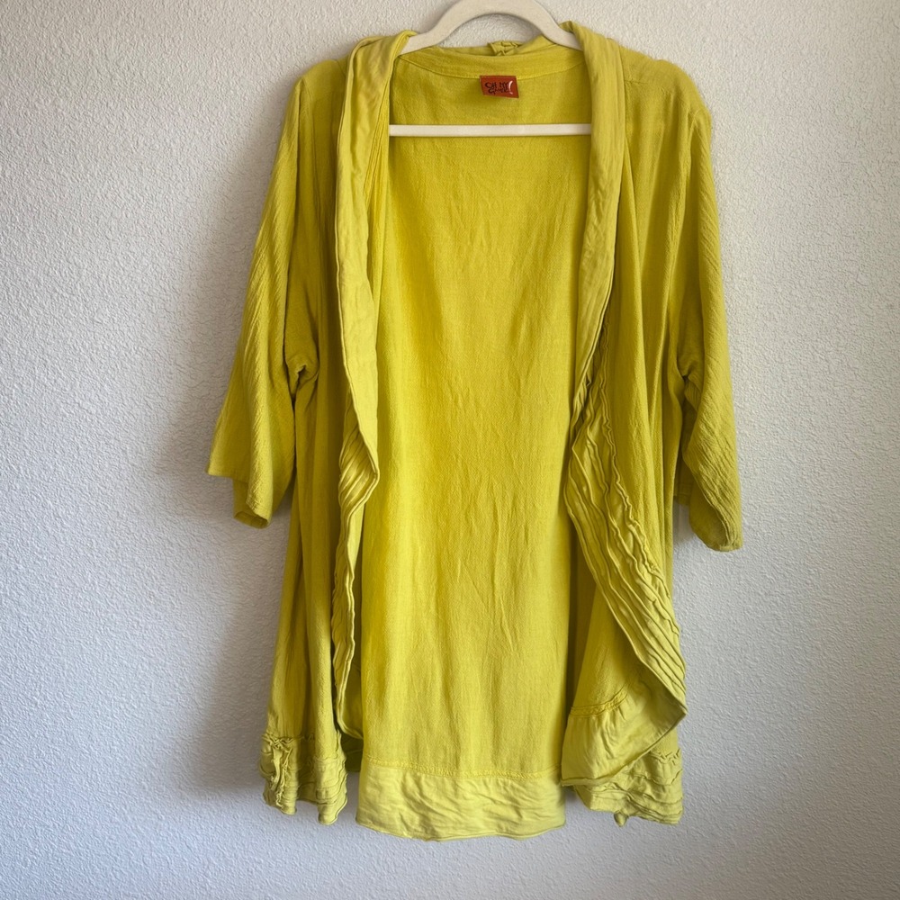Oh My Gauze! Womens Chartreuse Yellow Cotton Gauze Open Front Cardigan L/XL